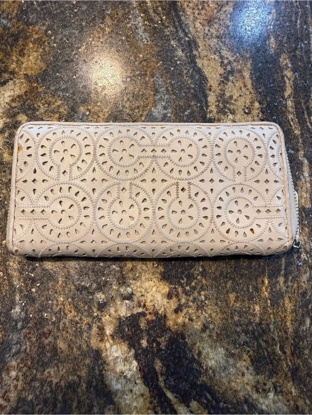 Coach Beige Laser-Cut Zip Around Wallet